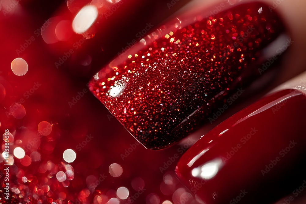Poster close up of red glitter nail polish on fingernails with bokeh lights in the background image