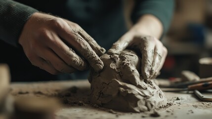 Artist sculpting clay into a figure in a studio. Featuring sculpting process and craftsmanship