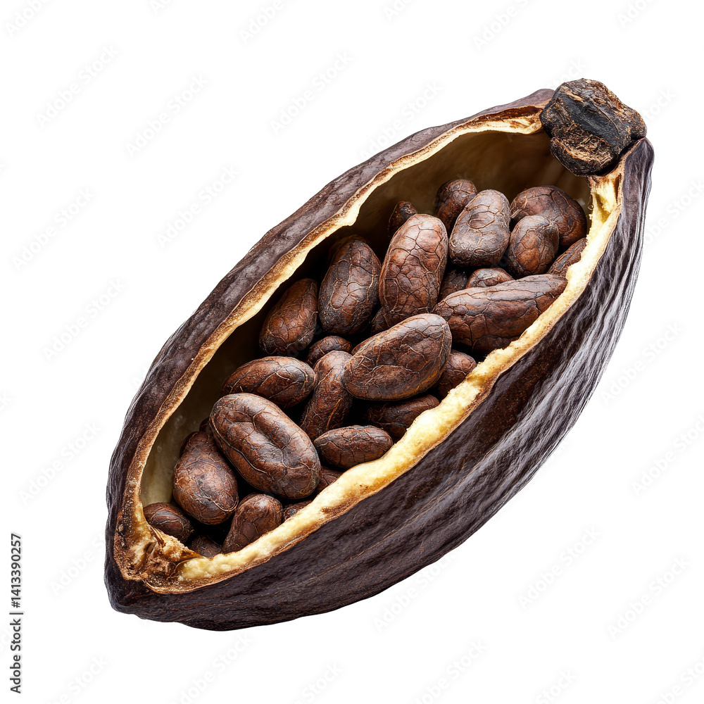 Poster cocoa pod showcasing raw cacao beans on a clean transparent background with natural lighting feature