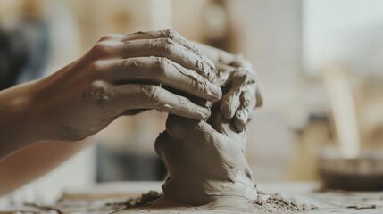 Artist sculpting clay into a figure in a studio. Featuring sculpting process and craftsmanship