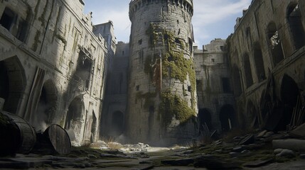 Ruined medieval castle, overgrown with ivy