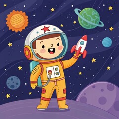 Naklejka premium Joyful space explorer mascot in an astronaut suit holding a rocket against a cosmic backdrop 