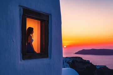 Silhouette of a woman in a window, watching a vibrant sunset over a serene ocean.