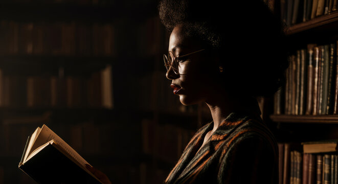 African mature female reading book in dimly lit library with bookshelves - Powered by Adobe