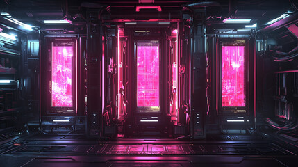 High-tech sci-fi server room interior with glowing pink data panels, cyberpunk style lighting, and digital futuristic environment.