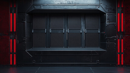 Futuristic sci fi metal wall with red lights and closed black panels in a dark industrial spaceship interior environment
