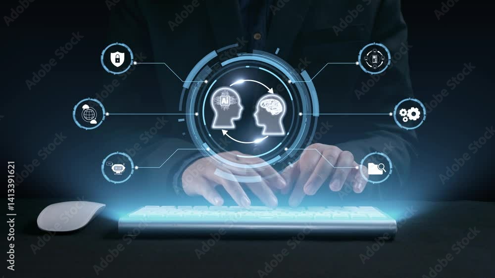 Poster human interact with ai artificial intelligence brain processor in concept of ai artificial intellige