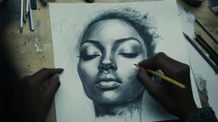 Artist sketching a portrait of a model in a studio. Featuring artistic skills and portrait creation