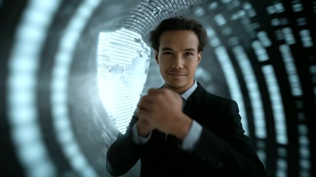 3_Businessman Surrounded by Digital Shield and Encrypted Data Stream