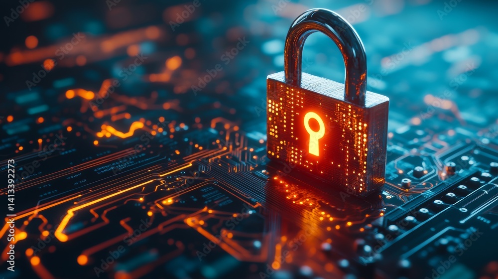 Poster cybersecurity and data protection are symbolized by a glowing padlock situated on a digital circuit 