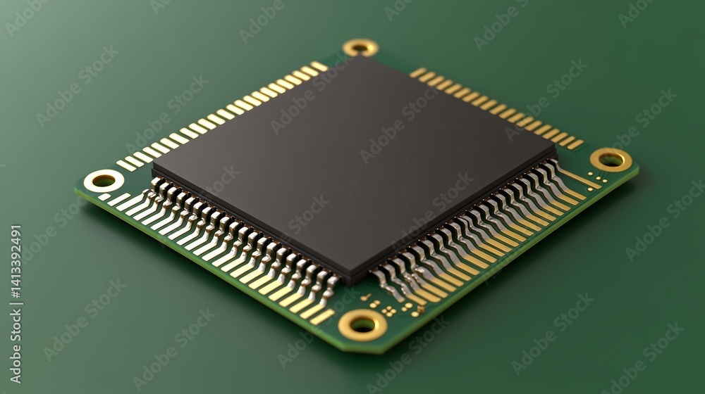 Poster illuminated microchips and glowing paths are visible in this closeup of a green-colored circuit boar