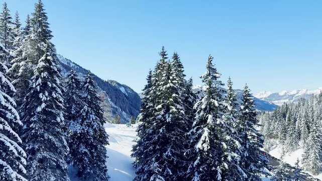 View from cable car ascending to Glacier 3000 &ndash; scenic ride over snow-covered forests and mountain slopes in the Swiss Alps during winter