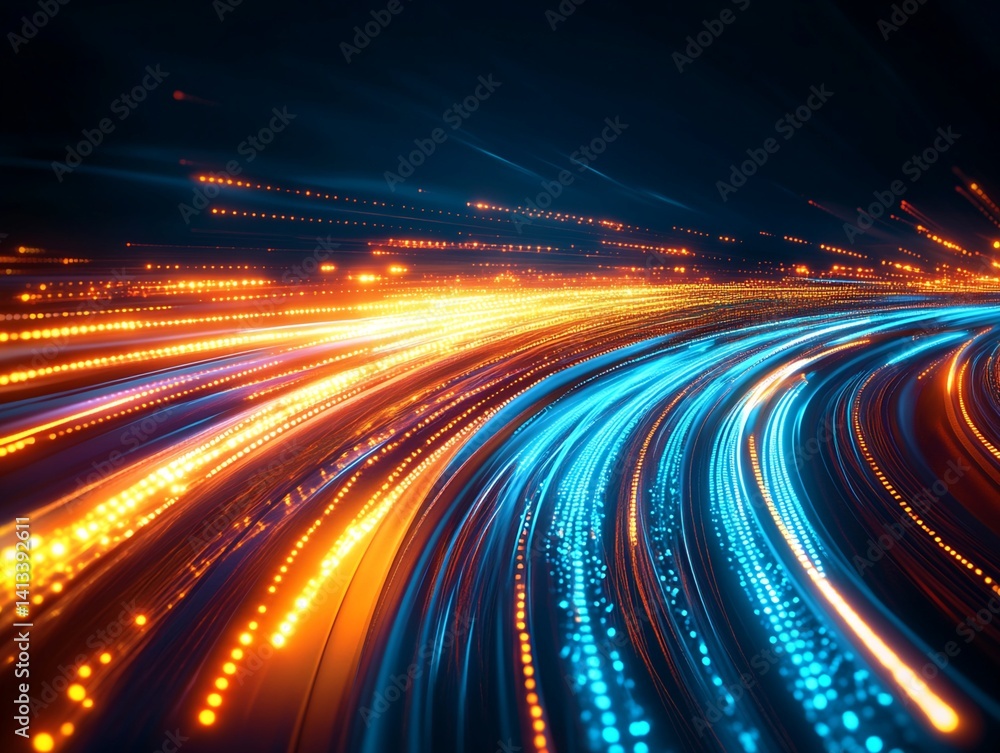 Poster abstract image of curving light trails with glowing particles
