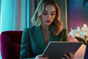 A stylish businesswoman in a green blazer uses a tablet, engrossed in her work in a luxurious setting.