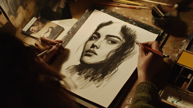 Artist sketching a portrait of a model in a studio. Featuring artistic skills and portrait creation