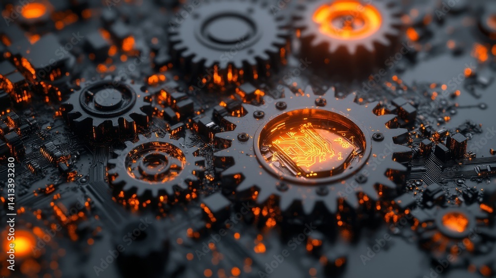 Poster metallic gears on a circuit board are showcased in a closeup, complete with glowing elements