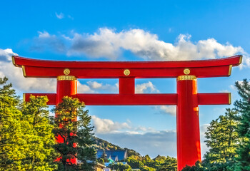 Colorful large red Tori Gate, Heian-jingu Shrine, Kyoto, Japan.