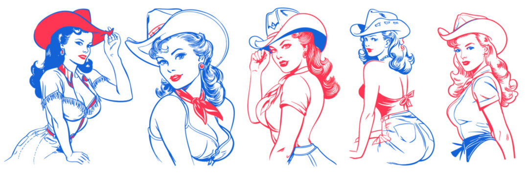 A set of vintage retro pin up style woman wearing western cowboy costume. line art illustration style