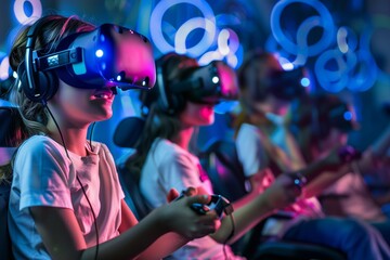 Children in virtual glasses playing multiplayer computer game in children's entertainment center