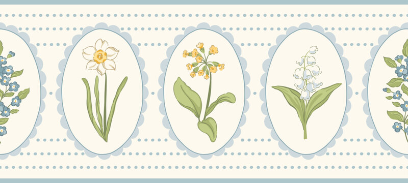 Delicate floral horizontal vector seamless border pattern with daffodil, primrose, lily of the valley, forget-me-not in cameo frames. Vintage spring garden cottagecore print