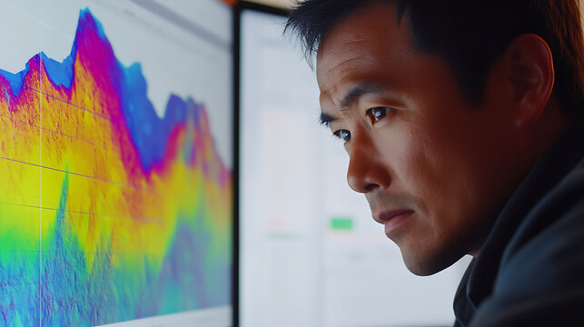 Reservoir engineer evaluating production forecast data in field office. Featuring resource assessment