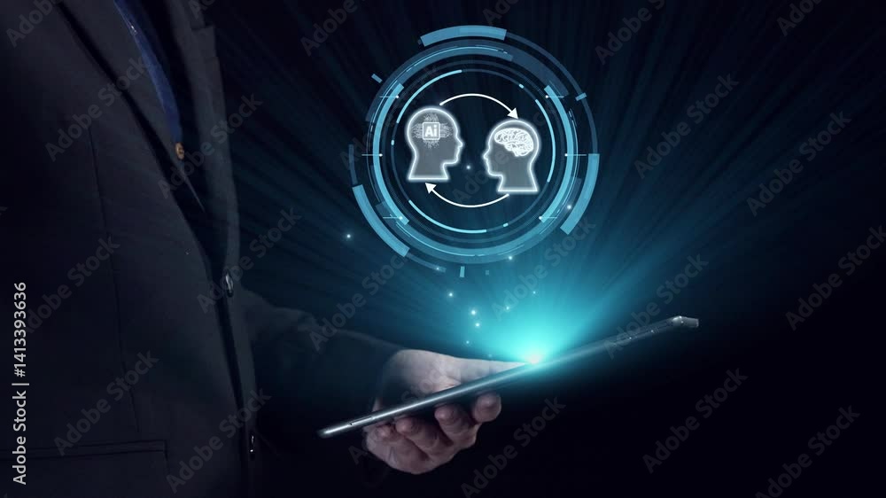 Poster human interact with ai artificial intelligence brain processor in concept of ai artificial intellige