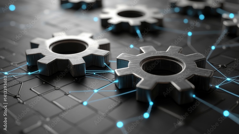 Poster interlocking silver gears are set against a digital interface background that includes circuit patte