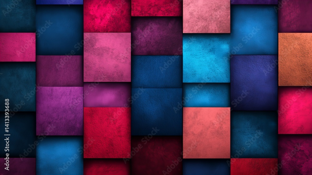 Poster colorful squares are arranged geometrically creating an abstract textured pattern with varying shade