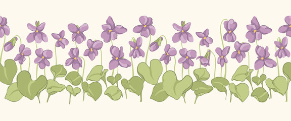 Delicate vintage vector seamless floral border pattern with spring garden violet flowers and green foliage. Cottagecore botanical romantic print