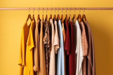 Wooden hangers with clothes on the rail in the store with women's clothing for sale. Flea market, second hand, discount, exchange, donation