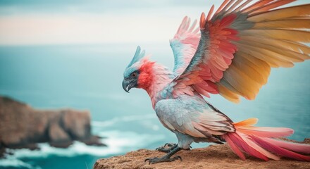Vibrant parrot with colorful feathers perched on cliff by ocean