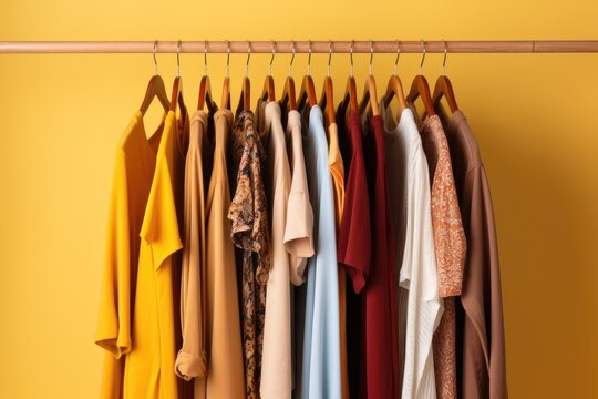 Wooden hangers with clothes on the rail in the store with women's clothing for sale. Flea market, second hand, discount, exchange, donation