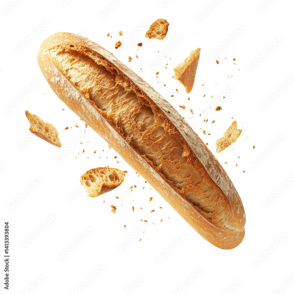 Poster fresh baguette floating with crumbs isolated on a transparent background for culinary presentations 