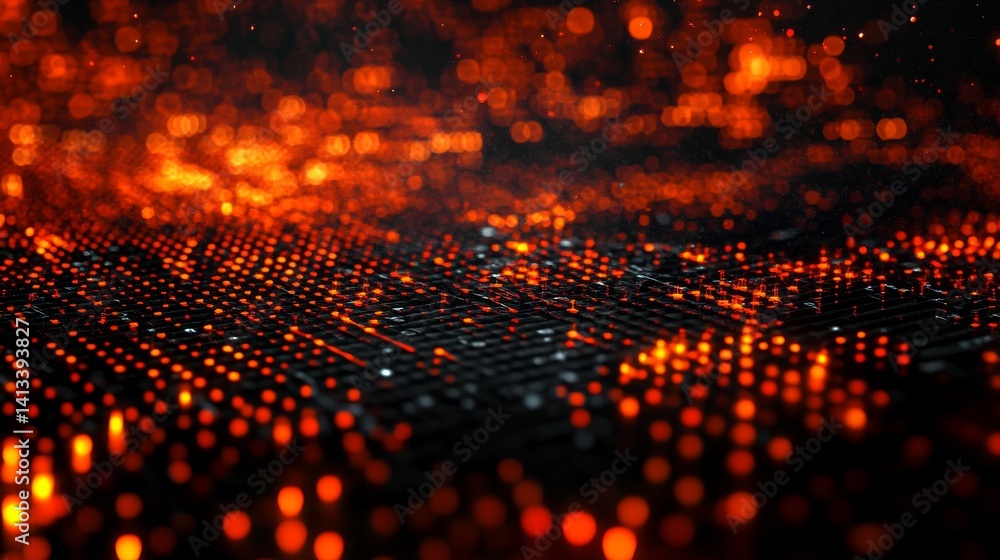 Aufkleber the cityscape is depicted in an abstract digital style, incorporating a bold red waveform to convey 