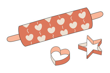 Patterned Rolling pin and cookie Cutter in shape of Heart and Star. Kitchen utensils for cooking sweets for Valentine Day. Textured wooden accessory for baker. Dough figures. Vector illustration.