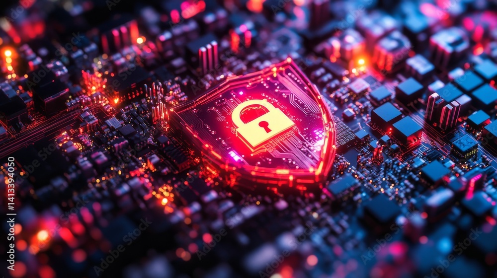 Poster the image features a glowing digital shield with a lock symbol, positioned on a detailed circuit boa