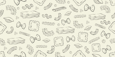 Hand-drawn seamless pattern with various Italian pasta. Designed for wrapping paper, packaging, fabric, and textile design. Vector illustration.