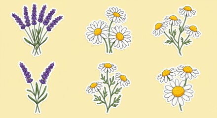 Stickers of Lavender and Daisies for Kids on Yellow Background  