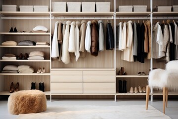 A beautifully organized wardrobe that showcases a minimalistic design with a range of soothing neutral colors