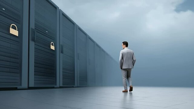 Abstract Tech Background with Businessman at Secure Server Lock