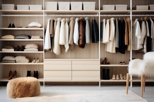 A beautifully organized wardrobe that showcases a minimalistic design with a range of soothing neutral colors