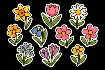 Colorful Floral Stickers Collection on Black Background  