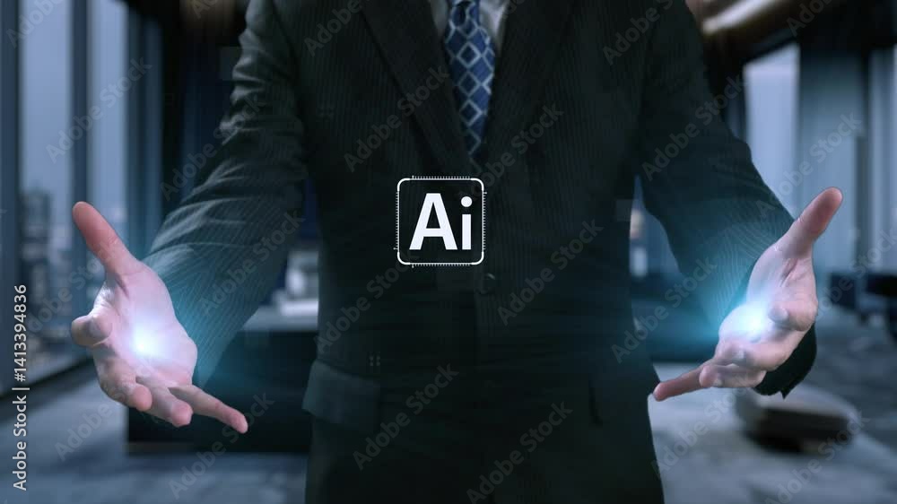 Poster human interact with ai artificial intelligence brain processor in concept of ai artificial intellige