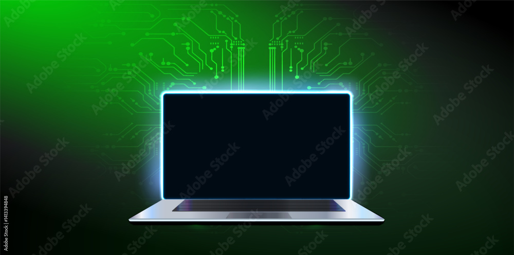 Poster modern laptop displaying a blank screen with glowing circuit patterns in a dark ambient background.