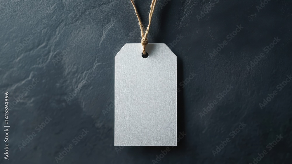 Poster empty layout layout on grey background. common blank label name tag hanging on neck with thread.