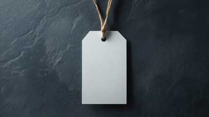 Empty layout layout on grey background. Common blank label name tag hanging on neck with thread.