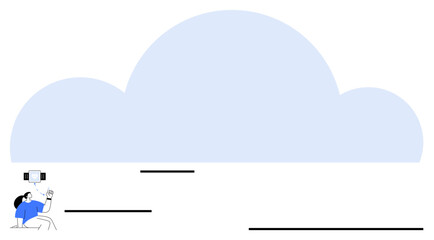 Woman holding smartphone next to a large cloud shape symbolizing cloud storage, technology, and data access. Ideal for computing, internet, communication, networking, storage, devices flat simple
