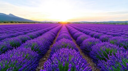 Fototapeta premium Vibrant lavender field at sunrise. Rows of deep purple lavender bushes stretch to a golden sunrise, framed by a mountainous horizon