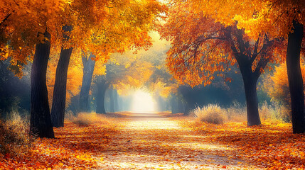 Fototapeta premium Enchanting Autumn Path: A Leaf-Littered Journey into Nature's Serene Embrace