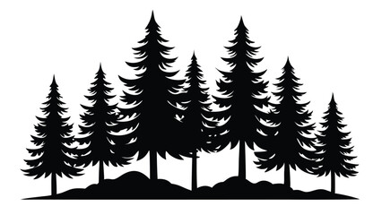 Fir trees silhouettes. Coniferous spruce horizontal background patterns, black evergreen woods vector illustration. Beautiful hand drawn panorama with treetops forest